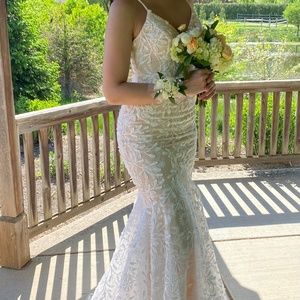 Ivory/Beige Lace Prom/Formal/Wedding Dress with train and lace up open back